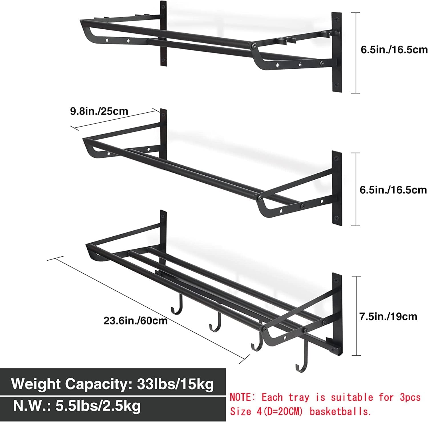 Wall-Mounted Sports Equipment Storage Shelf: Garage Ball Storage Rack with Hooks for Basketball, Black