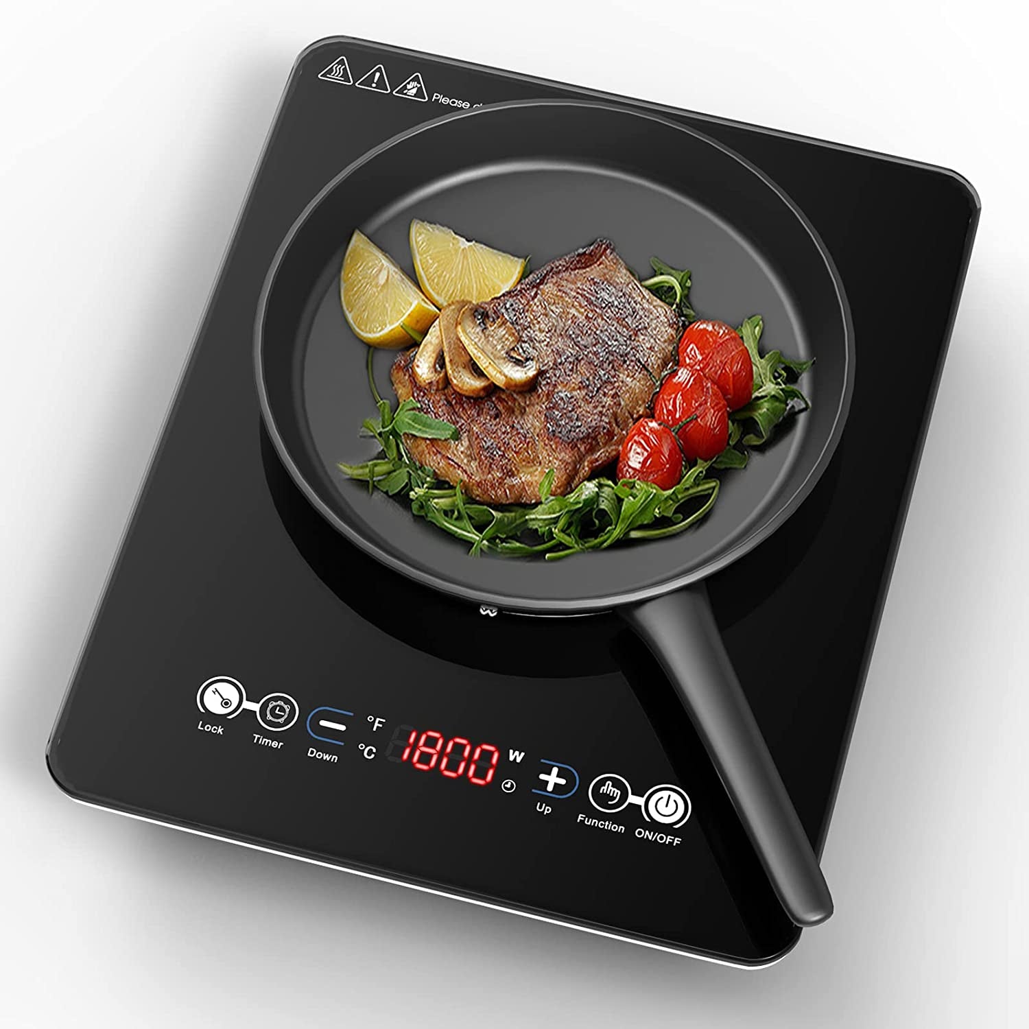 1800W Portable Induction Cooktop - Single Countertop Electric Cooktop with 9 Temperature & Power Levels, 3-Hour Timer, Safety Lock, Ultra-Thin Design, and Low Noise Operation.