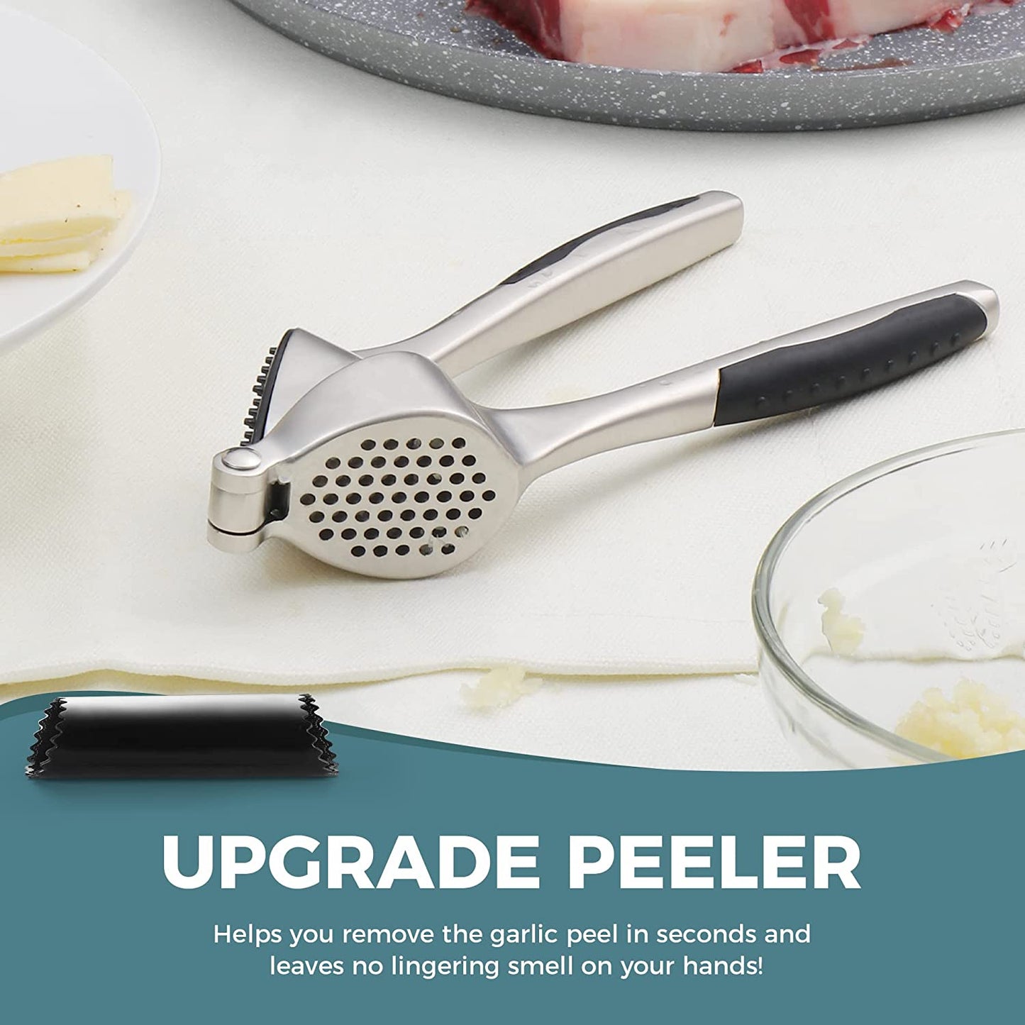 Premium Garlic Press, Mincer with Cood Ergonomic Grips, Professional Garlic Presser Crusher and Peeler Set, Sturdy Ginger Press for Nuts & Seeds, Easy to Clean and Dishwasher Safe