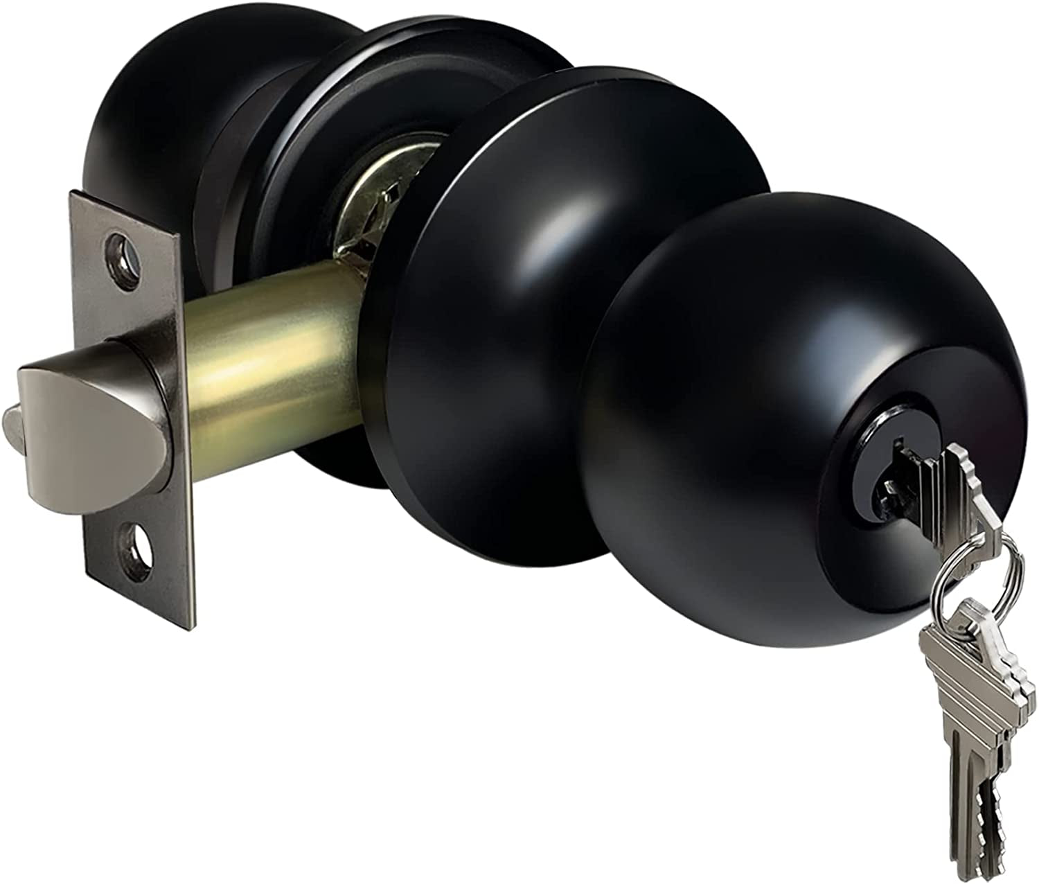 Matte Black Keyed Entry Door Knob - A Standard Ball-Shaped Entrance Door Lock with a Key, Constructed from All Metal for Durability.