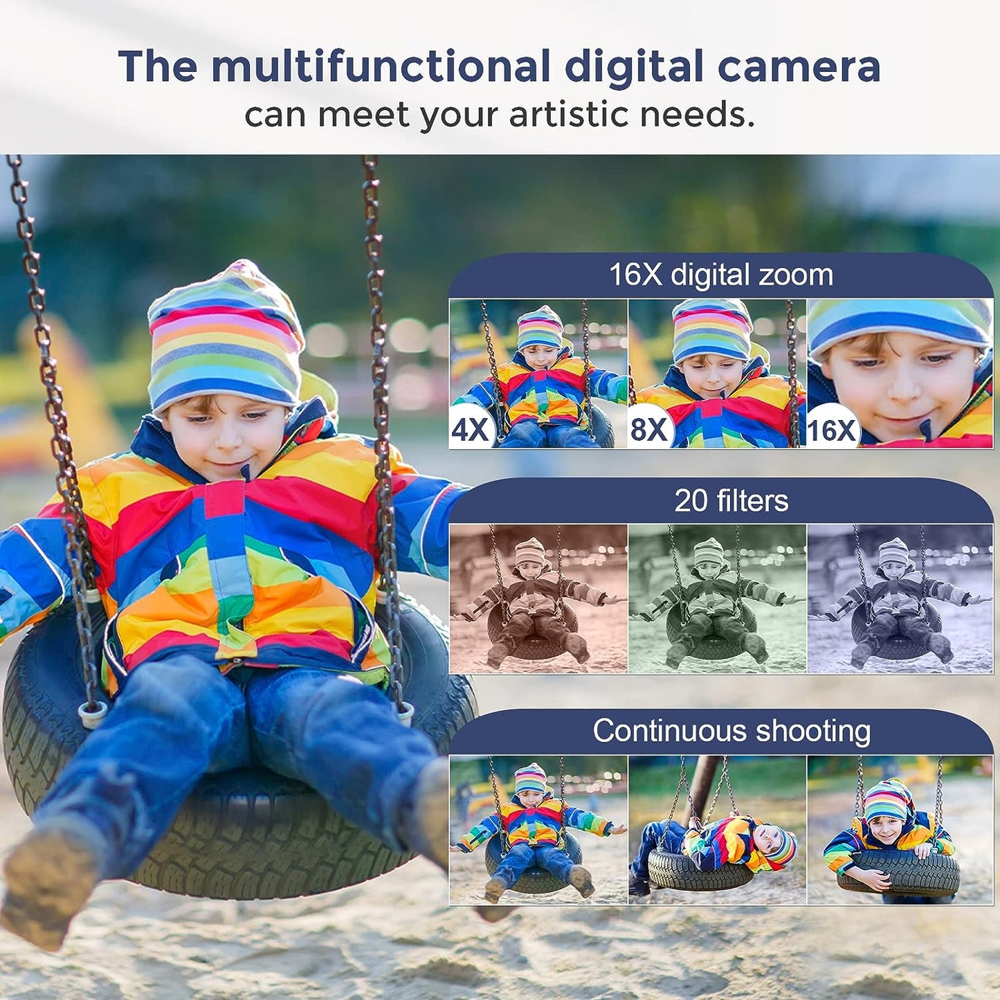 Digital Camera  Autofocus FHD 1080P Vlogging Camera with 48MP resolution. It features a 16X Zoom, 2 Charging Modes, and is designed for Kids, Teens, and Students. Available in Black.