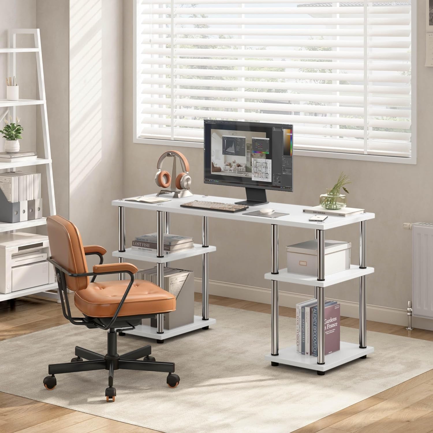 Spacious Computer Desk with Storage Shelves - Contemporary Laptop Table for Study, Writing, and Gaming - Sleek and Minimalist Design - Ideal for Home Office - White Metal Frame