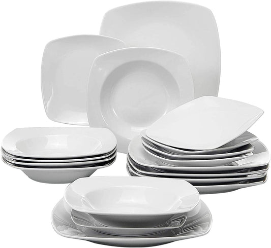 18-Piece Grey White Plate Set for 6: Porcelain Dishes Dinner Set in Square Dinnerware Style. Includes Dinner Plates, Dessert Plates, and Pasta Bowls from the Series Julia.