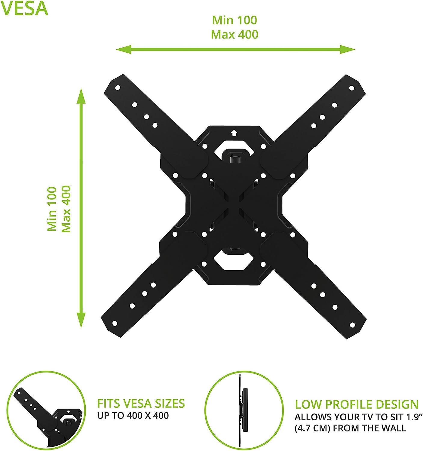 Full Motion Articulating TV Wall Mount for 26-Inch to 60-Inch TVs | Low Profile with 22" Extension | VESA Compatible up to 400X400 Black