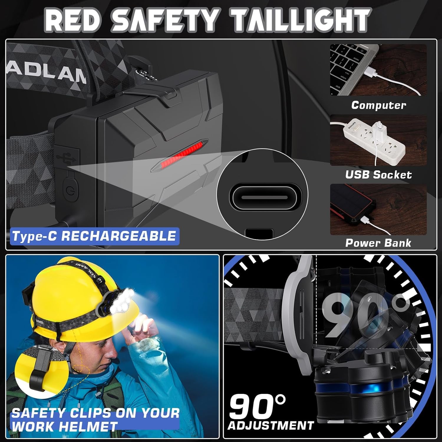 High Lumen Rechargeable Headlamp with 8 LED, 8 Modes, Red Warning Light, Waterproof Flashlight - Ideal for Camping, Fishing, and Outdoor Activities