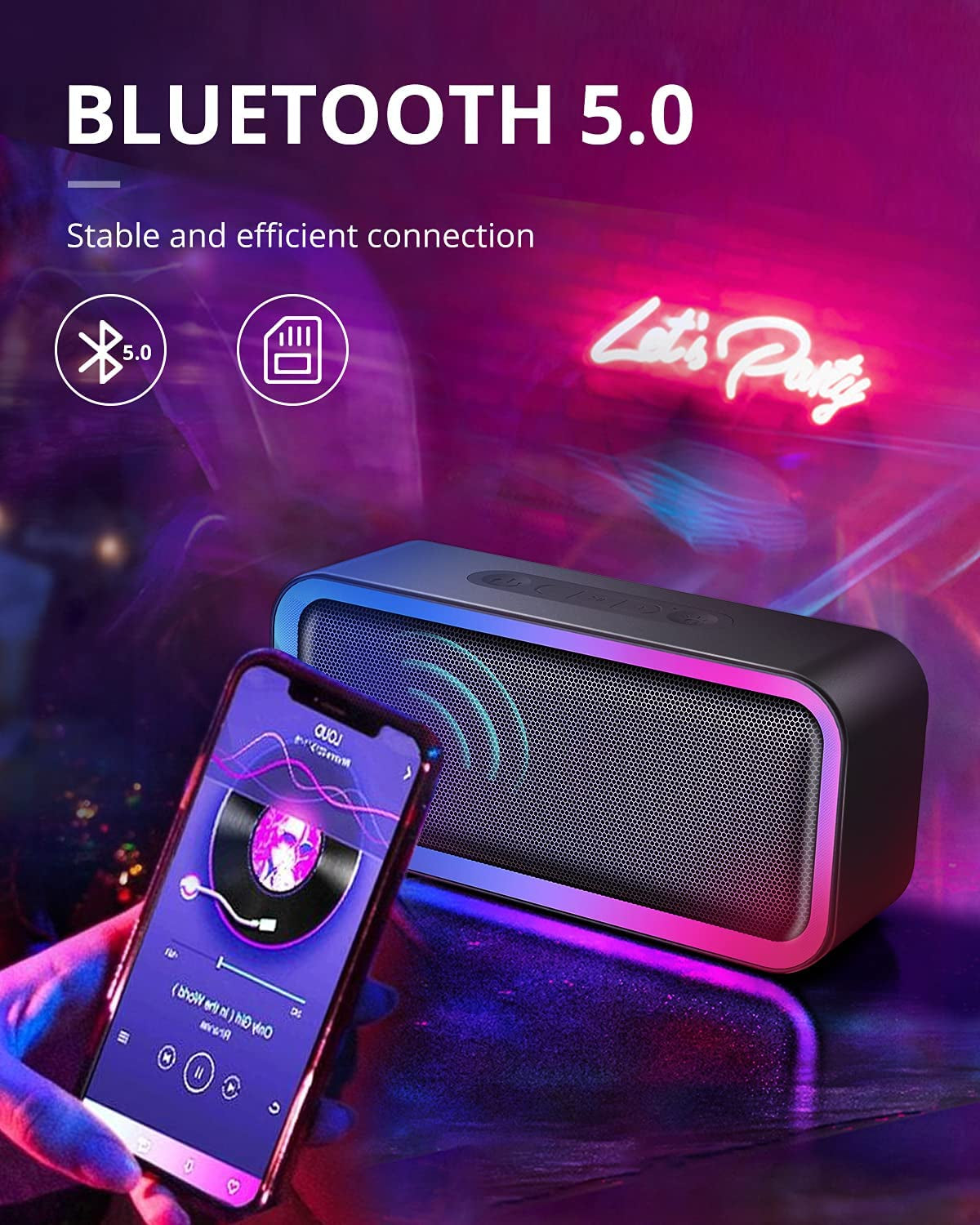 Portable Bluetooth Speaker: IPX5 Waterproof with RGB Lights. Enjoy Hi-Fi Loud Stereo Sound and 18H Playtime.