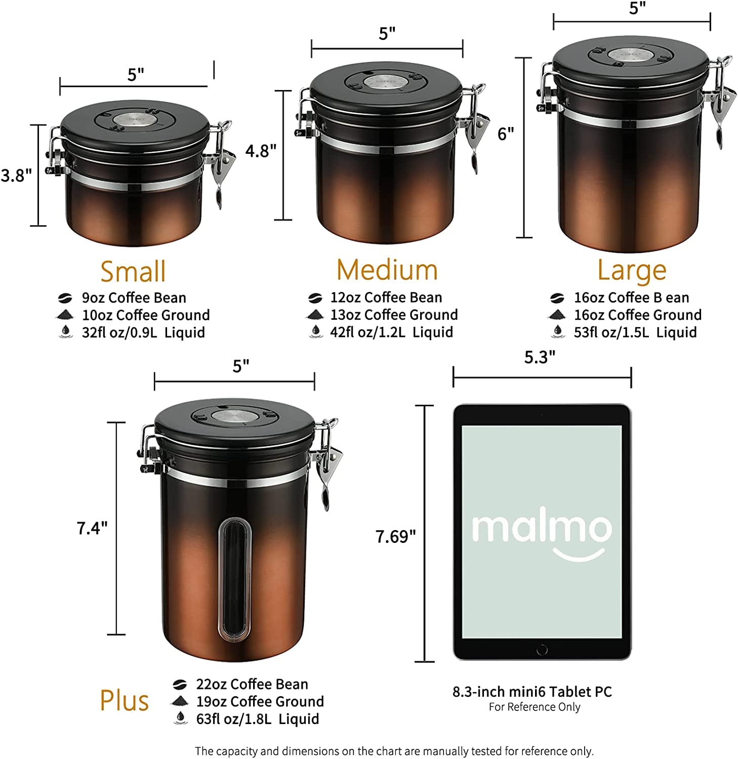 Gradient Coffee Canister - 12oz Stainless Steel Airtight Container for Kitchen Food Storage - Features Date Tracker Lid - Stylish Dark Copper Design