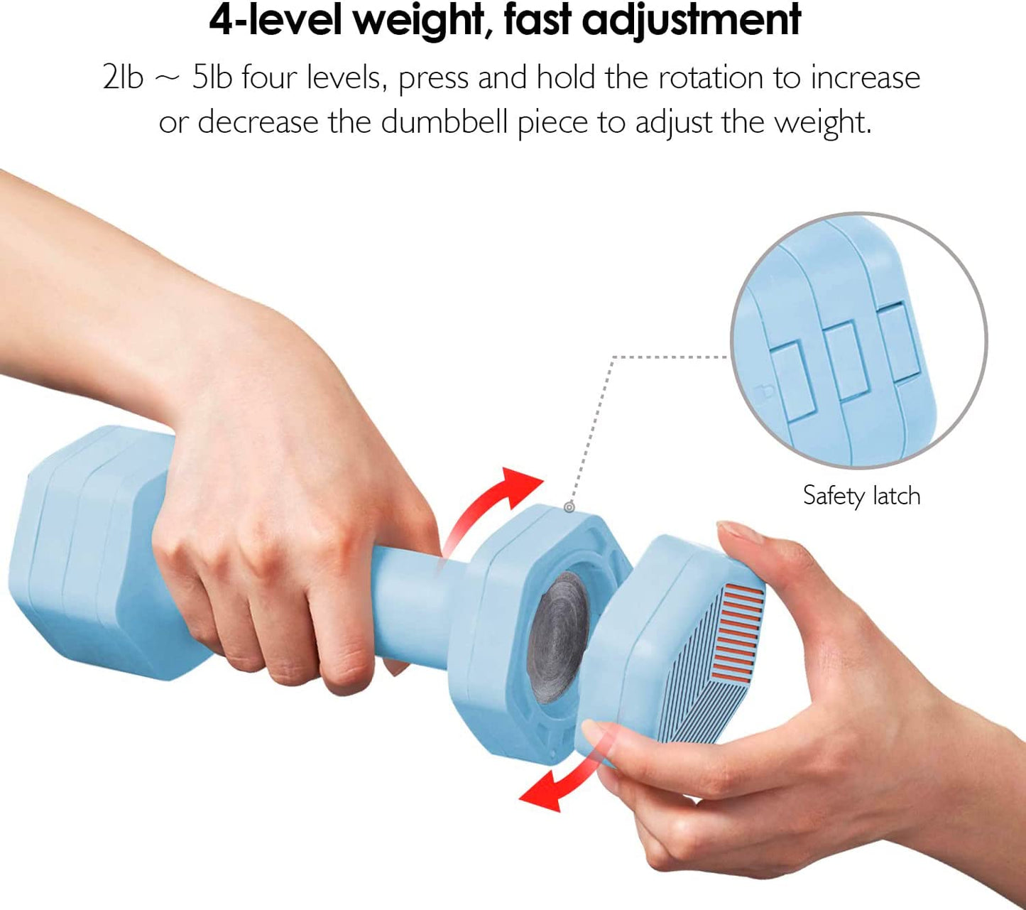 Adjustable Weight Dumbbells Set - This set includes one pair of dumbbells with weights ranging from 4lb to 10lb (2-5lb each). They are free weights suitable for home gym use and strength training for women, men, seniors, and teens.