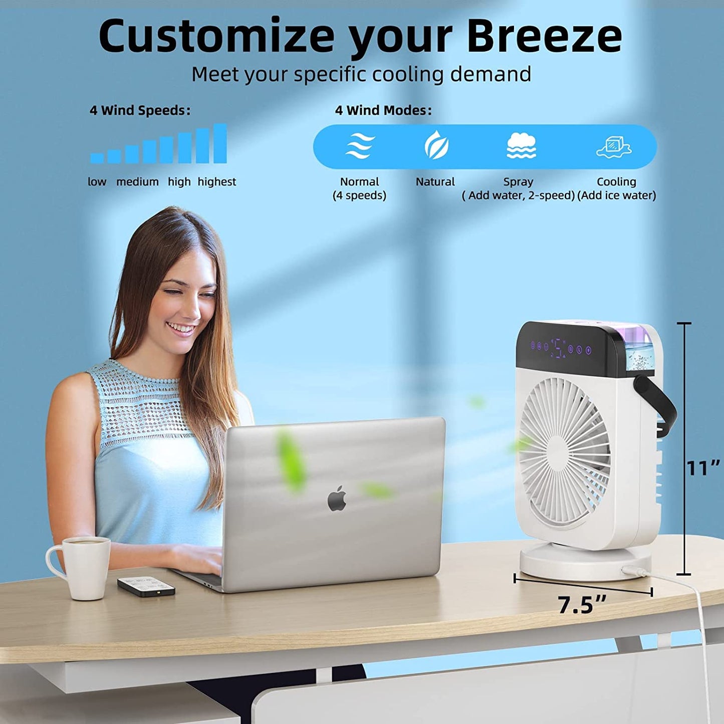 Compact Portable Air Conditioner: Equipped with 4 Speeds, Oscillation, Humidifier, and Timer Function. This Desktop Cooling Fan also features LED Display and comes with a Remote Control, making it ideal for Bedroom, Office, and Camping use.