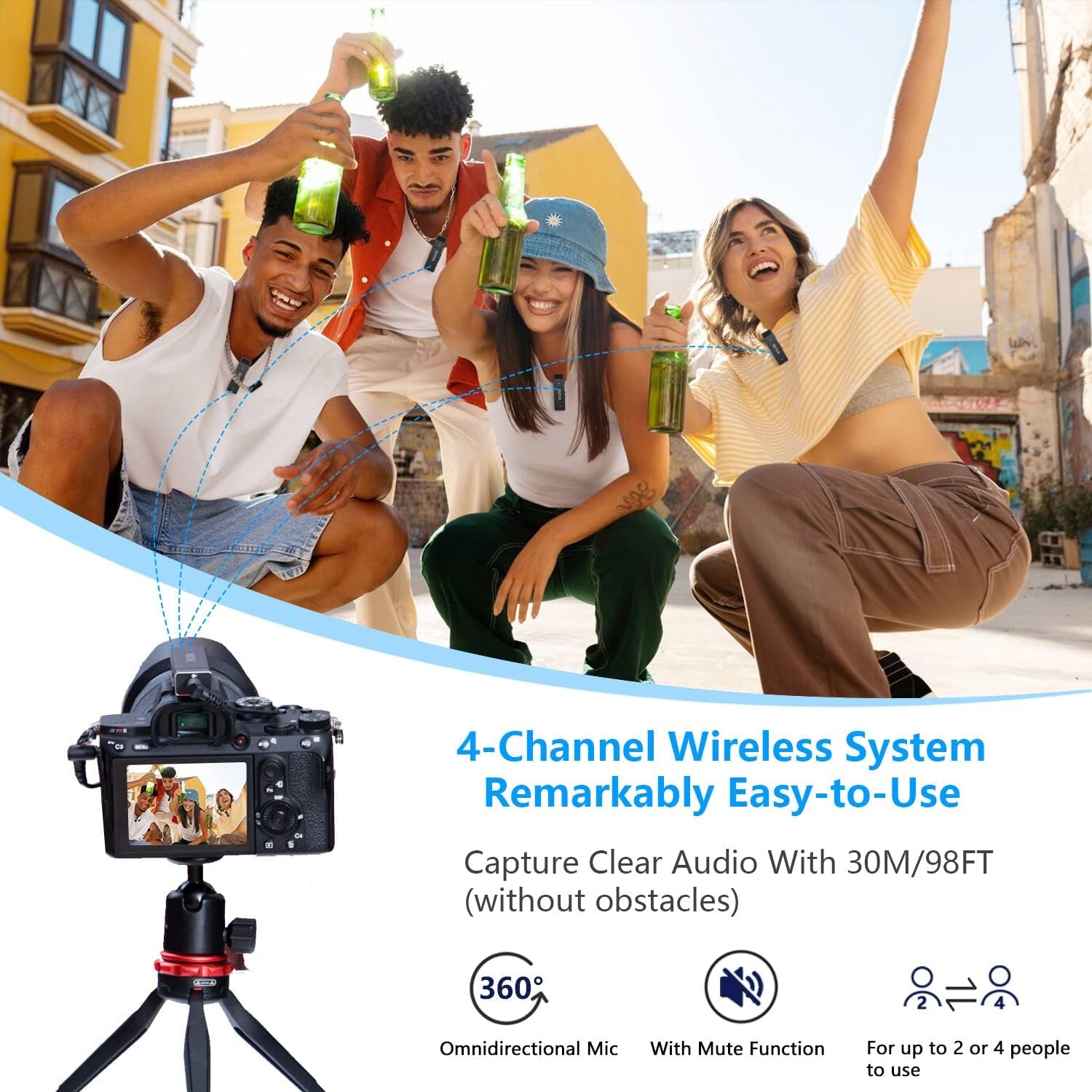 Wireless Lavalier Microphones for Cameras, Camcorders, DSLRs, Phones, and Computers - Includes 4 Transmitters, Offers 7-Hour Battery Life, 98Ft Transmission Range, Ideal for Video Recording, Vlogging, and Live Streaming.