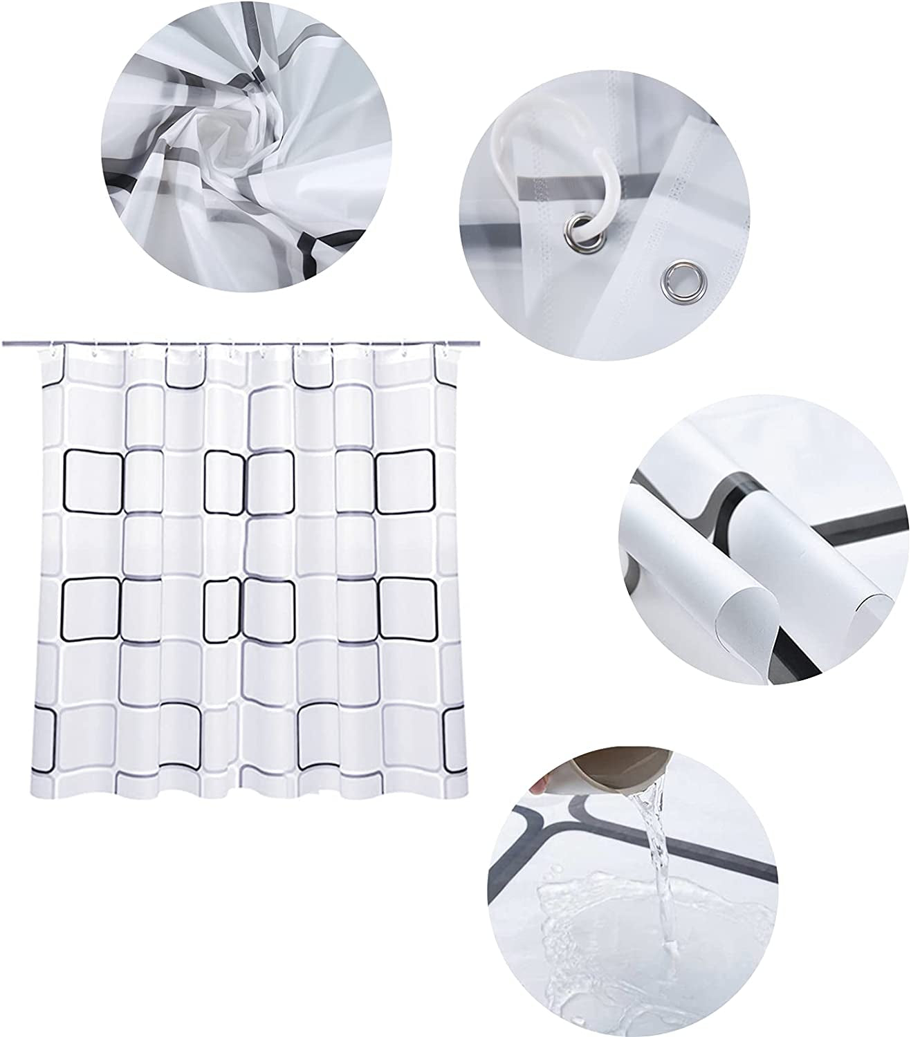 Black and White Lattice Shower Curtain for Bathroom - Contemporary Design - Waterproof - Includes Clear Shower Curtain Hooks Set - Measures 71" x 71" - Enhance Bathroom Decor.