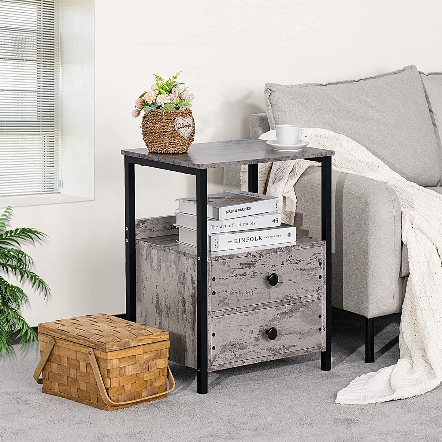 Grey Industrial Nightstand: Bedside Table with 2 Drawers, Open Shelf, and Steel Frame, Ideal for Bedroom or Dorm Use, 23.6'' in Height, Grey Color