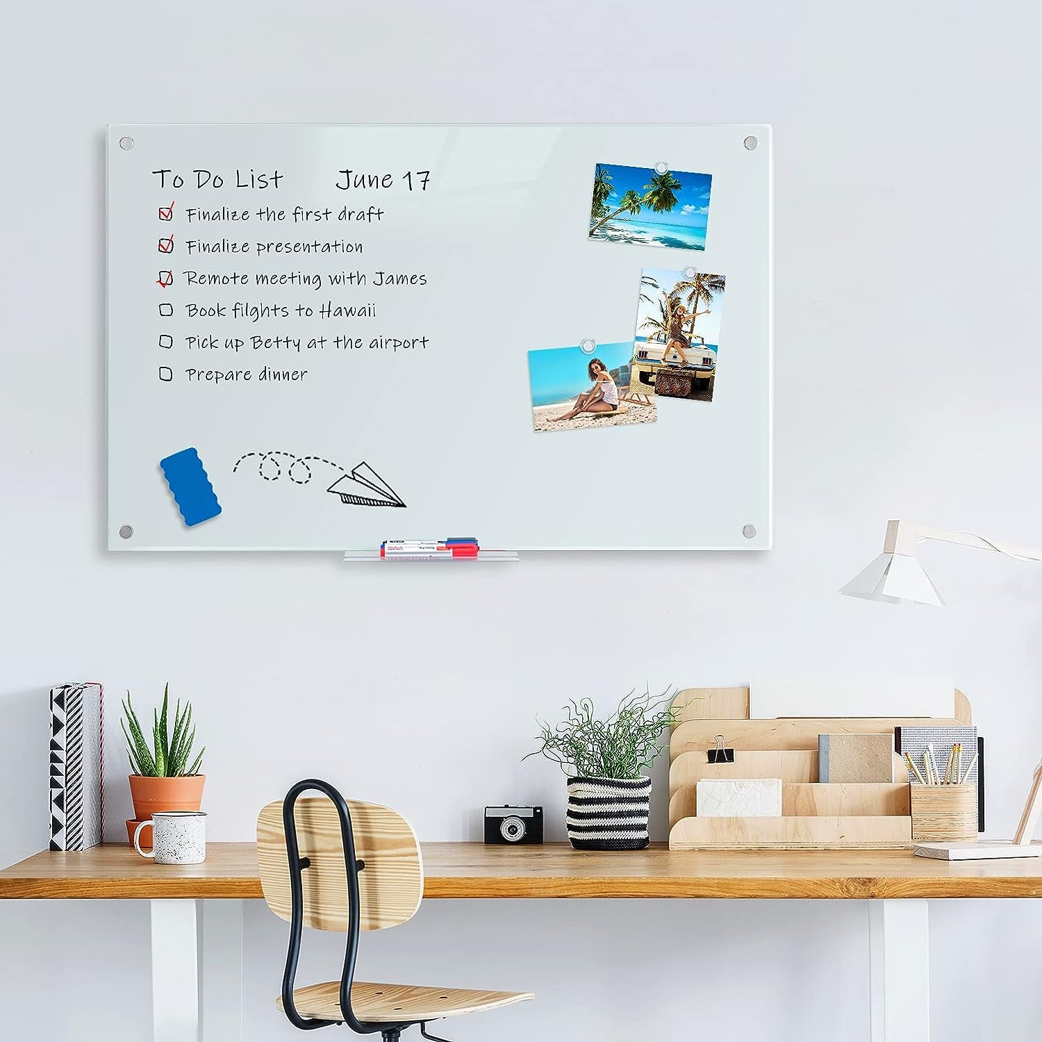 Magnetic Glass Whiteboard - 48 X 32 Inches, Frameless White Glass Board for Interactive Office Wall, Includes Marker Tray