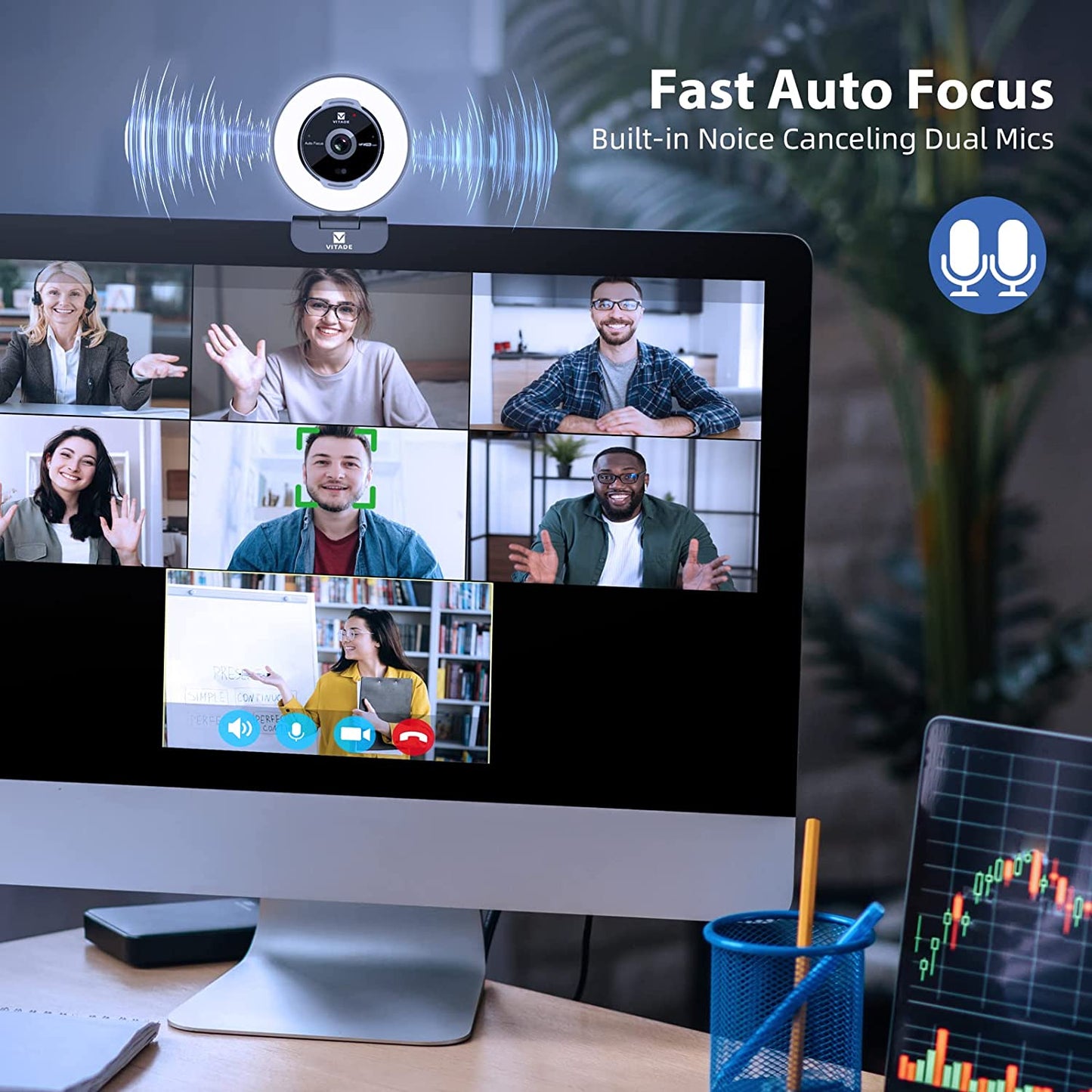 Remote-Controlled Zoom Webcam: Vitade 1080P 60FPS Streaming Webcam with Ring Light and Tripod - USB, 5X Digital Zoom - Ideal for Zoom, Skype, Teams, Laptop, Mac, Windows