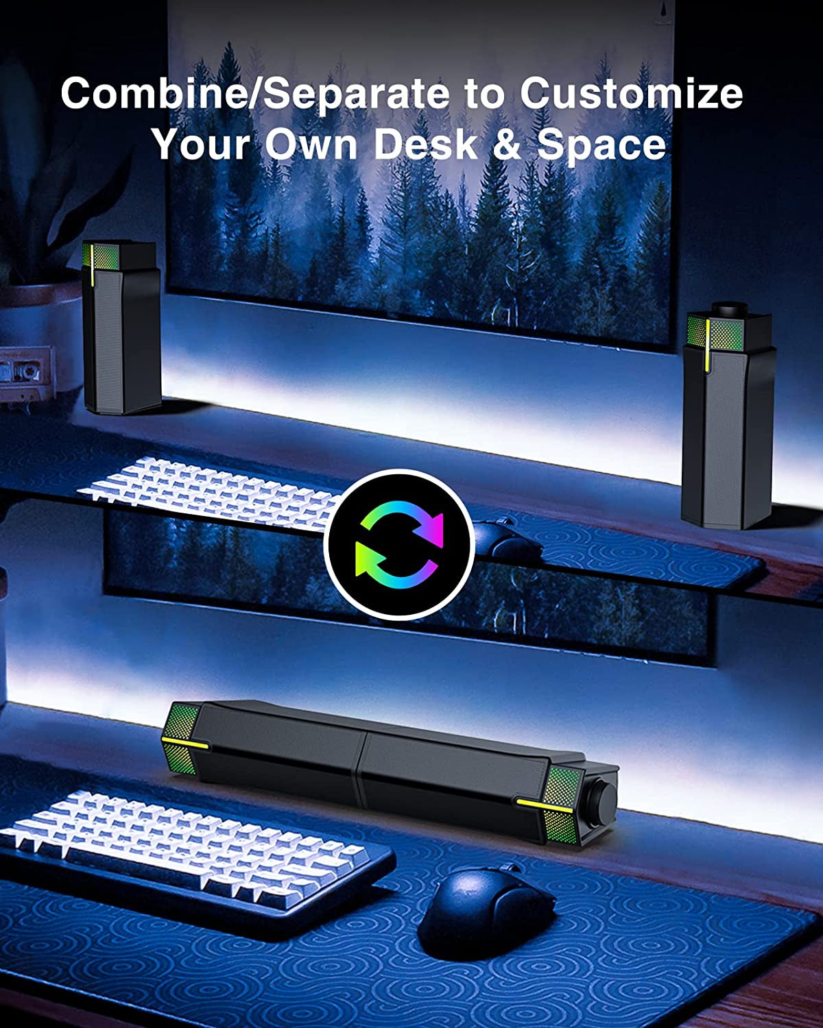 Bluetooth Computer Speakers for PC Desktop Monitor, Wired USB-Powered PC Sound Bar, Delivering Superb Stereo Sound with Customizable Gradient RGB Lighting - Combine or Separate for Maximum Versatility