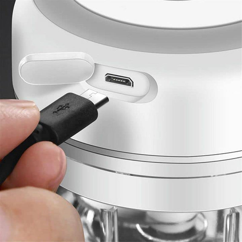 Mini Electric Food Processor: Perfect Kitchen Tool for Chopping Vegetables, Pepper, Onion, Garlic, Ginger, Spices, Meat, and Making Baby Food. It has a 250ML capacity, is USB rechargeable, and measures 3.42 x 3.8 inches.