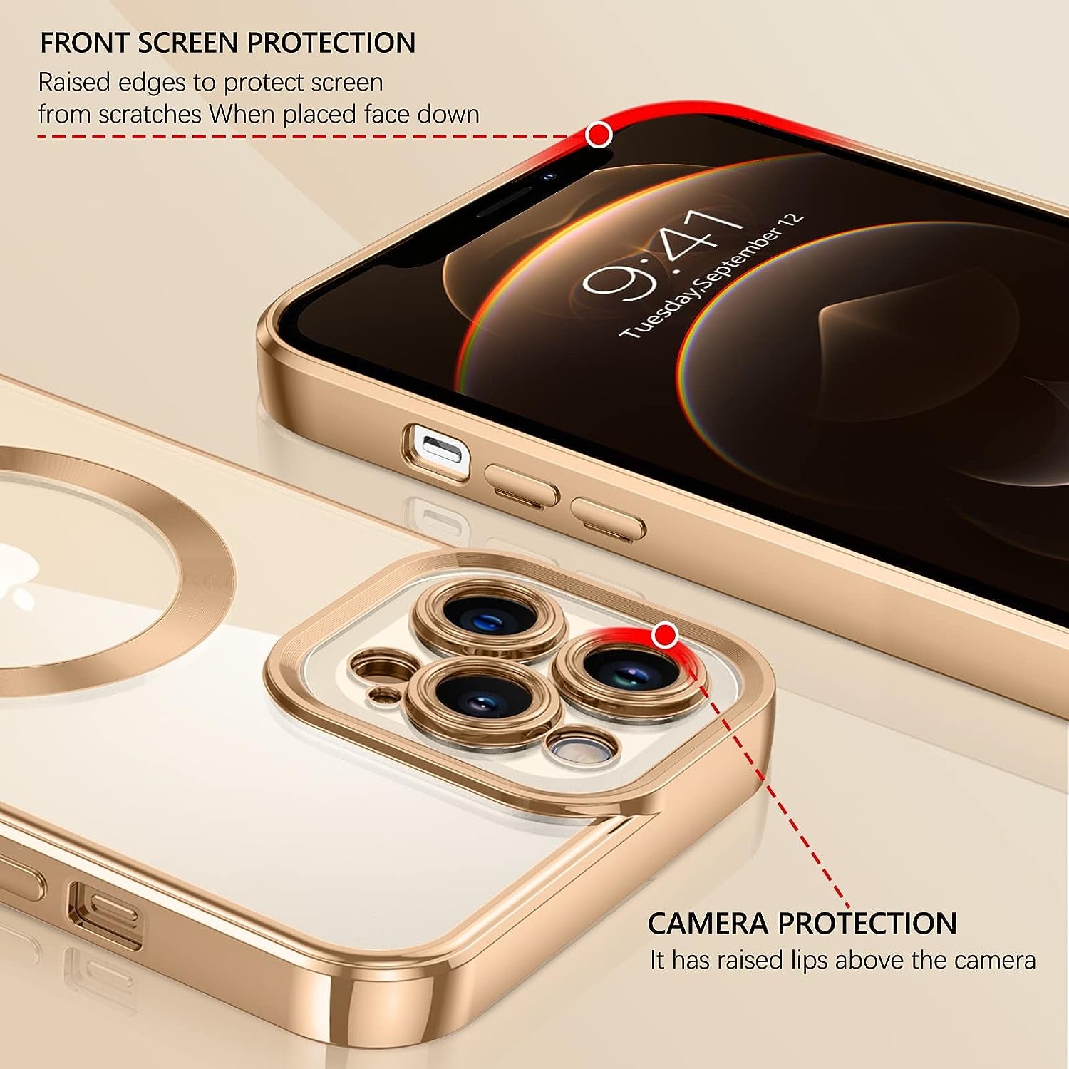 iPhone 12 Pro Magnetic Case - Clear, flexible TPU cover with Magsafe compatibility. Shockproof and anti-scratch. Clear/Gold.