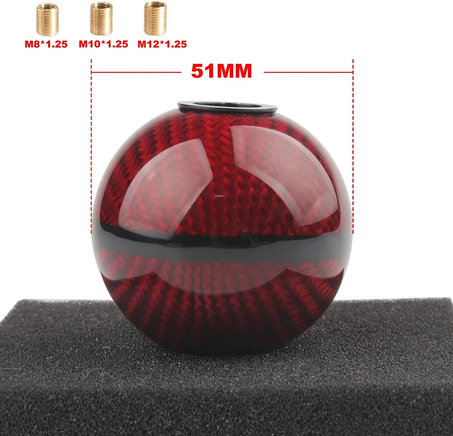 6-Speed Red Manual Gear Shift Knob Ball with Carbon Fiber and Weighted Aluminum Structure - Compatible with Most Automatic and Manual Vehicles, Includes 3 Pure Copper Adapters