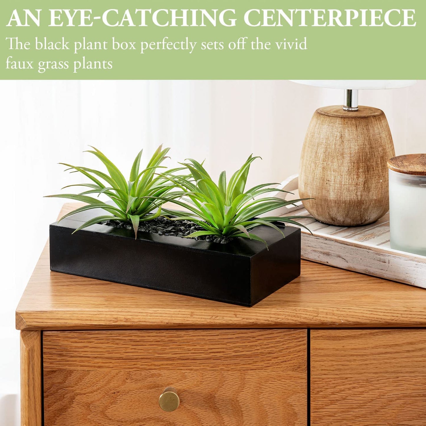 Artificial Green Grass Plants in Elegant Rectangular Planter Pot with Black Wood Finish