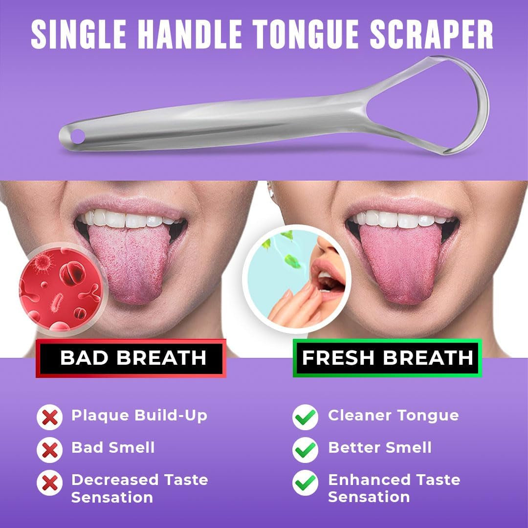 Stainless Steel Tongue Scraper (2 Pack) for Fresher Breath, Effective Bad Breath Reduction, 100% BPA Free Tongue Cleaners