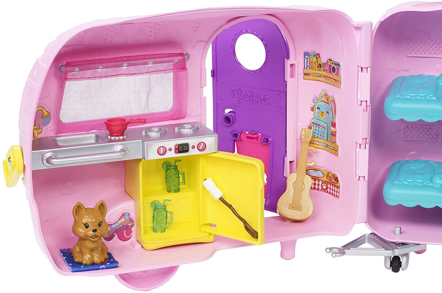 Club Chelsea Toy Car & Camper Playset - Includes Blonde Chelsea Small Doll, Puppy, and 10+ Accessories. Unhitch & Open for Campsite Fun.