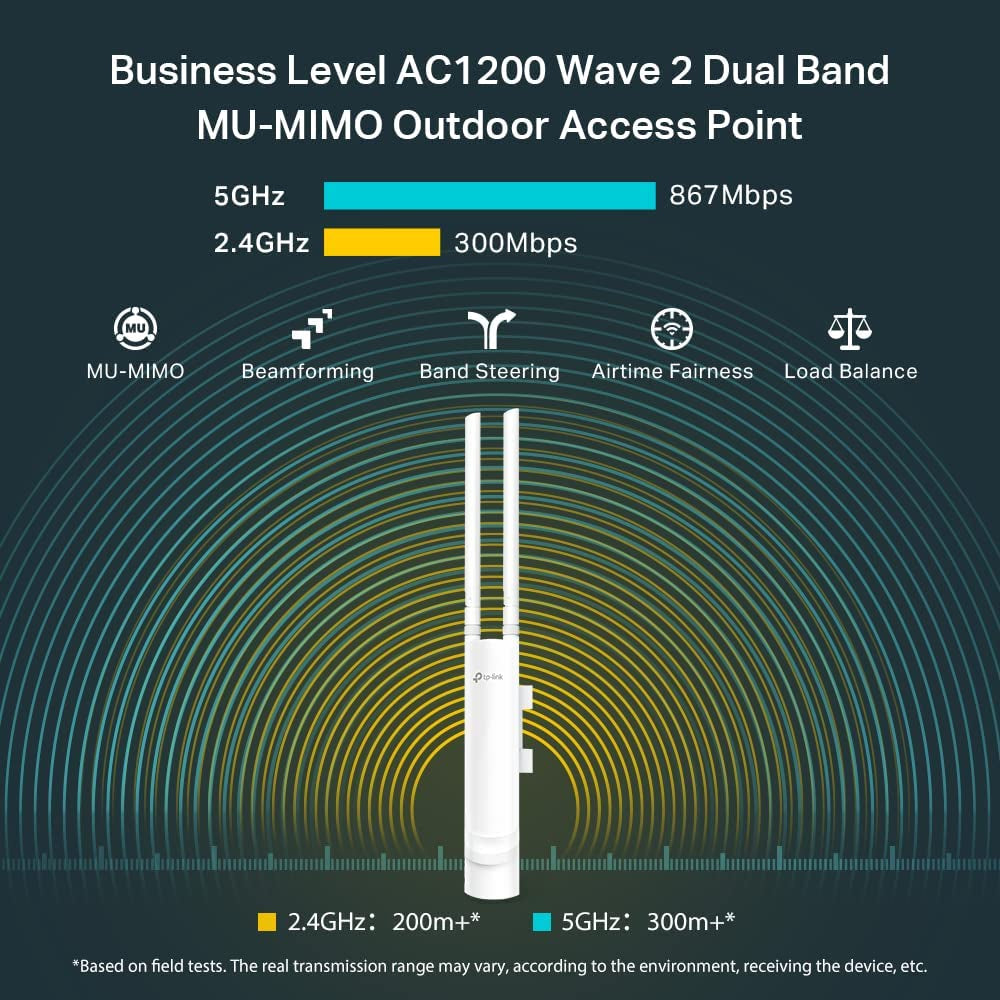 AC1200 Wireless Gigabit Outdoor Access Point - Eap225-Outdoor: A Business WiFi Solution with Mesh Support, Seamless Roaming, and MU-MIMO. Powered by PoE and Integrated with SDN, it offers Cloud Access, App Control, and a White Design.