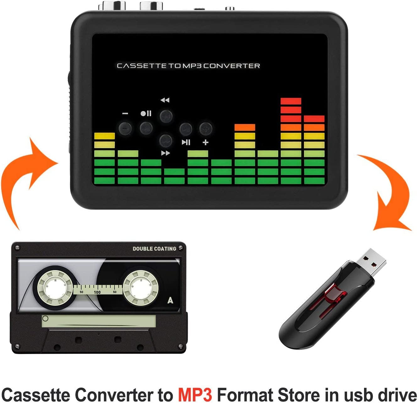Portable Walkman-Style USB Cassette to MP3 Converter - Transform Your Audio Music Cassette Tapes to Digital Format with Included Earphones, No Computer Required