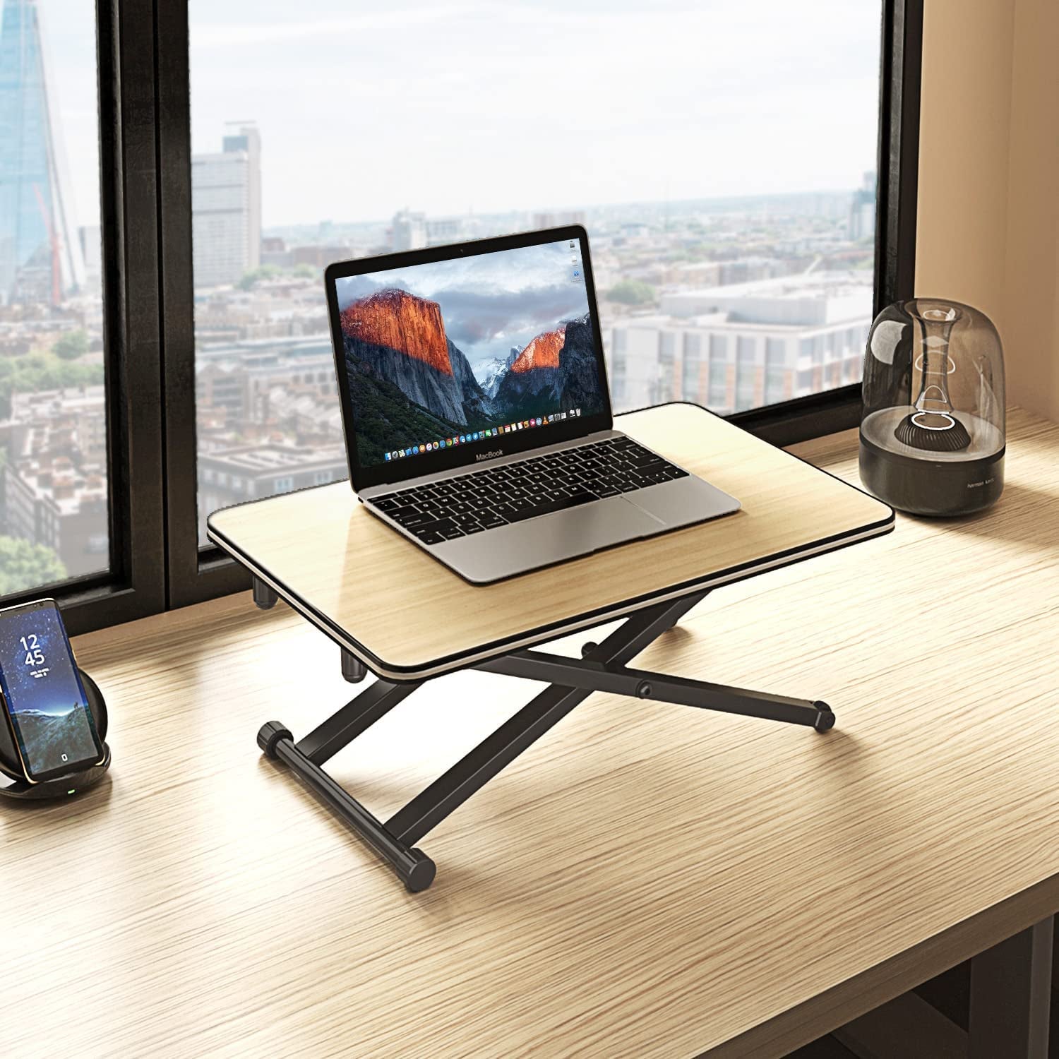 Laptop Desktop Sit-Stand Desk Converter - Portable and Height-Adjustable Standing Desk for Single Monitor, Oak Finish