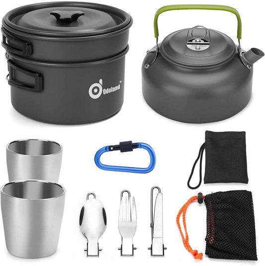 Folding 10pcs Camping Cookware Mess Kit Cookset, Lightweight Pot Pan Kettle with 2 Cups, Fork Knife Spoon Kit for Outdoor Camping Hiking and Picnic