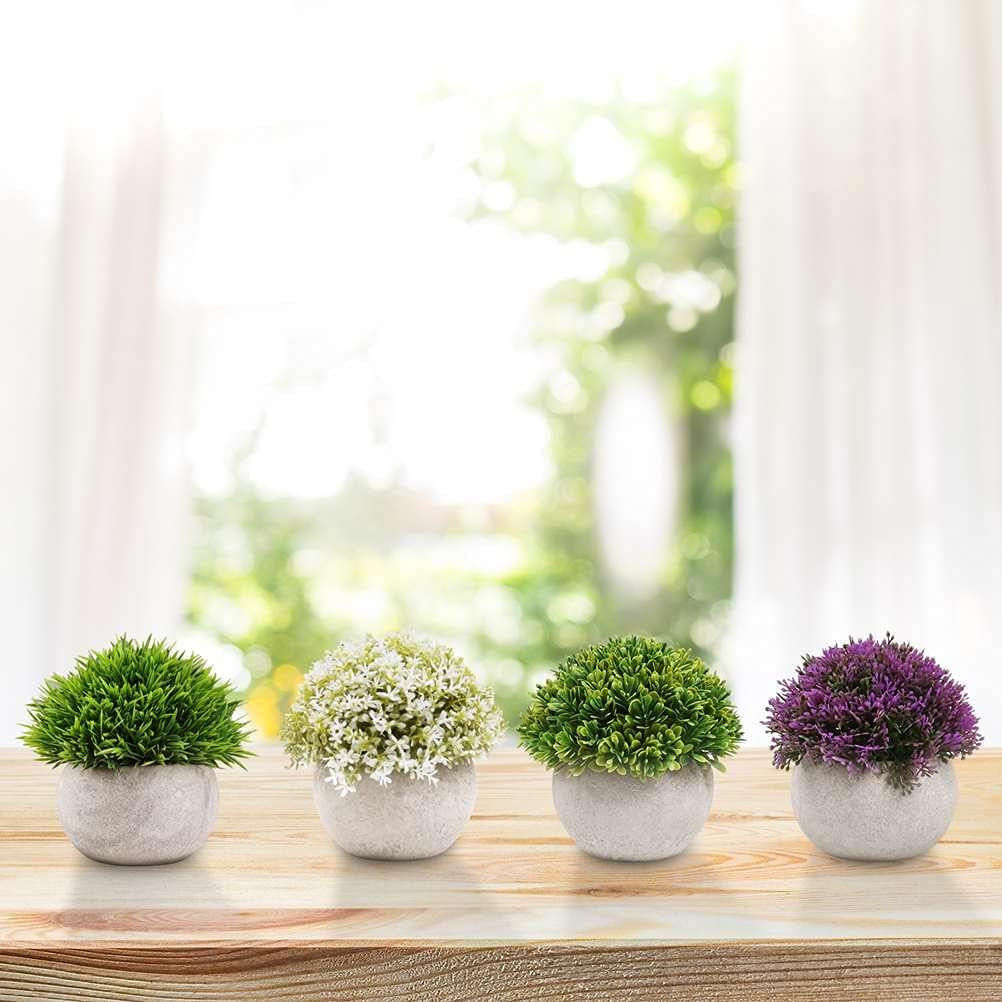 Set of 4 Artificial Shrubs Plants in Pots - Mini Potted Ball-Shaped Indoor Fake Plants for Home, Office, and Farmhouse Decor