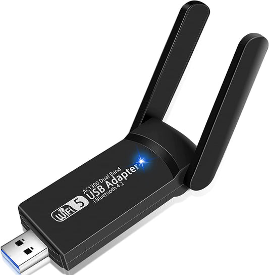 Dual-Band USB WiFi Bluetooth Adapter: Achieve Speeds of up to 1300Mbps on 2.4GHz and 5GHz Frequencies. This Compact Wireless Network External Receiver serves as a Mini WiFi Dongle for PC, Laptop, and Desktop Devices.