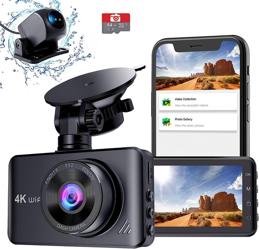 4K Wifi Front and Rear Dash Cam - 3 Inch Dash Camera for Cars with 1080P Rear Camera, Dual Dash Cam with Included 64GB Micro SD Card, Dashboard Camera with Night Vision, Parking Monitor, and Motion Detection