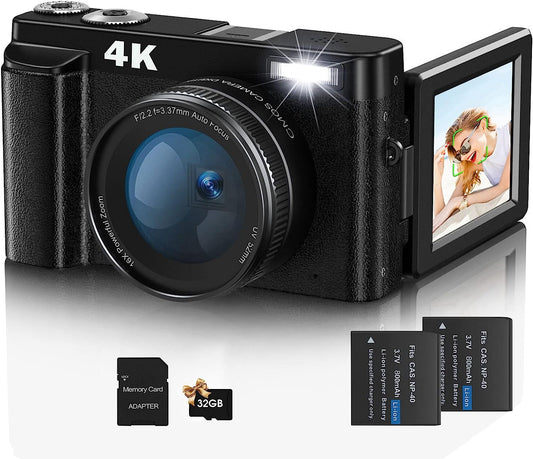 4K 48MP Autofocus Vlogging Camera - This camera includes a 32GB Memory Card, 16X Digital Zoom, and comes with 2 Batteries. It's a powerful tool for photography and ideal for YouTube content creation. Color: Black.