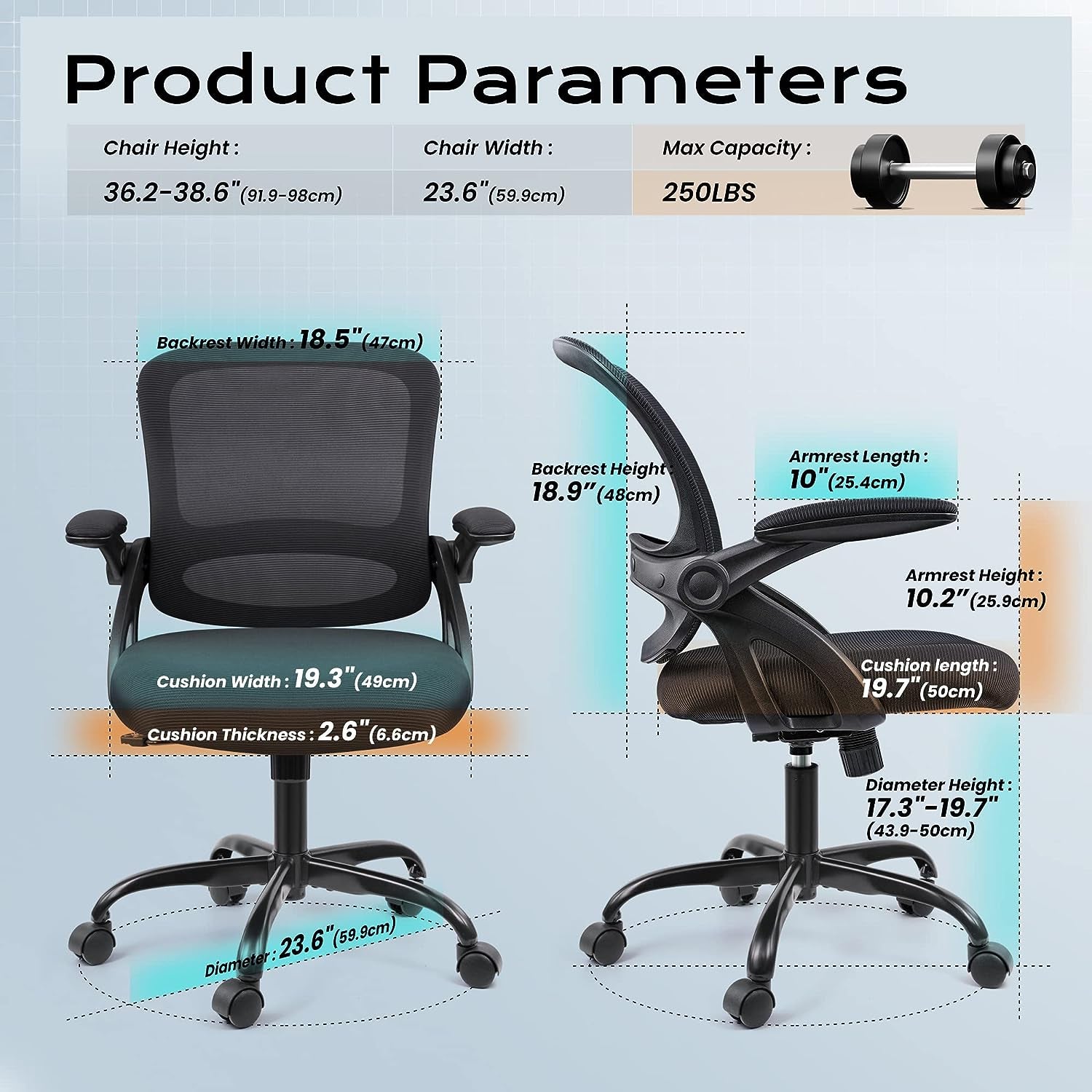 Ergonomic Mesh Office Chair with Lumbar Support, Wheels, Flip-up Arms, Swivel, Adjustable Height - Black