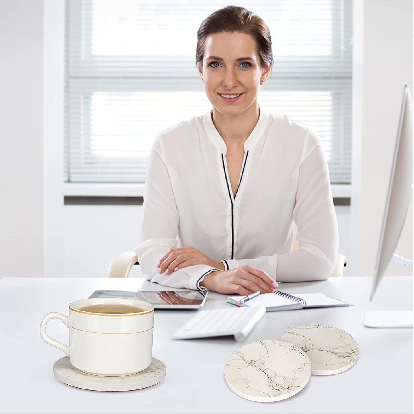 Set of 6 White Marble Coasters with Holder - Highly Absorbent Ceramic Drink Coasters, Perfect for Bars and Tables. These Modern Coasters make for a Cute and Practical Gift.