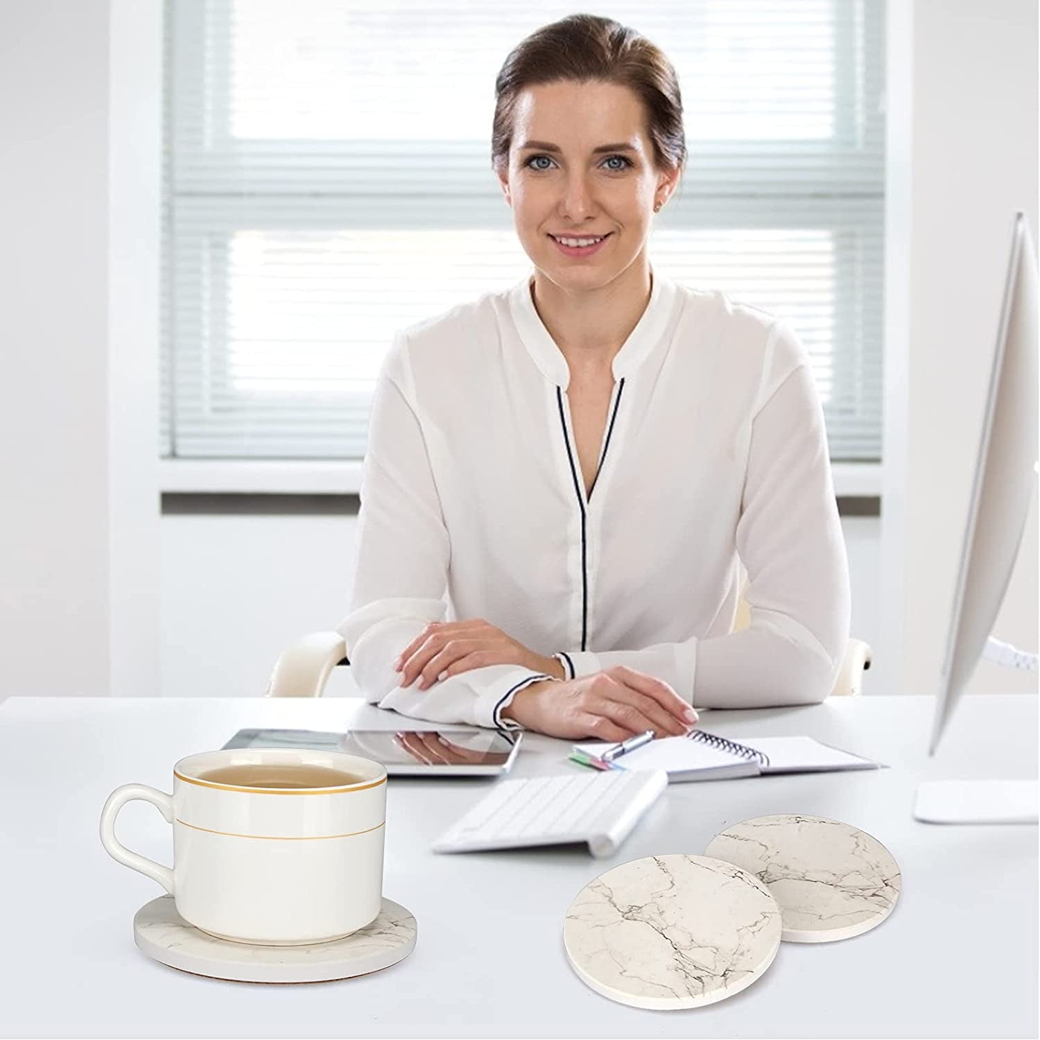 Set of 6 White Marble Coasters with Holder - Highly Absorbent Ceramic Drink Coasters, Perfect for Bars and Tables. These Modern Coasters make for a Cute and Practical Gift.