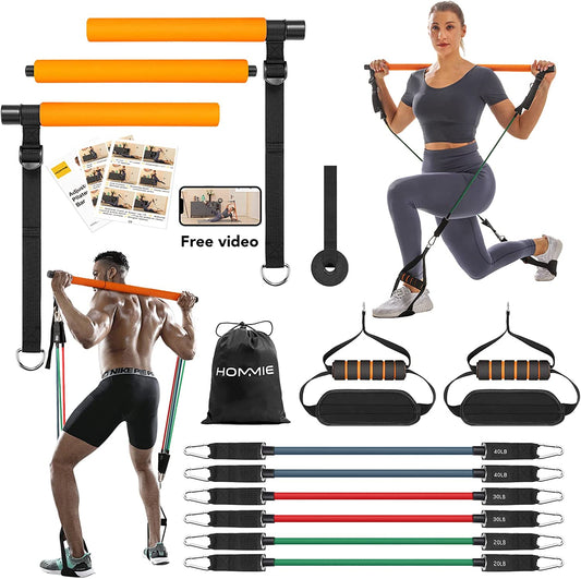 Portable Pilates Bar Kit with Resistance Bands - This upgraded 3-section Pilates bar comes with resistance bands in 20lb, 40lb, and 60lb options. It's suitable for both men and women and supports full-body workouts at home.
