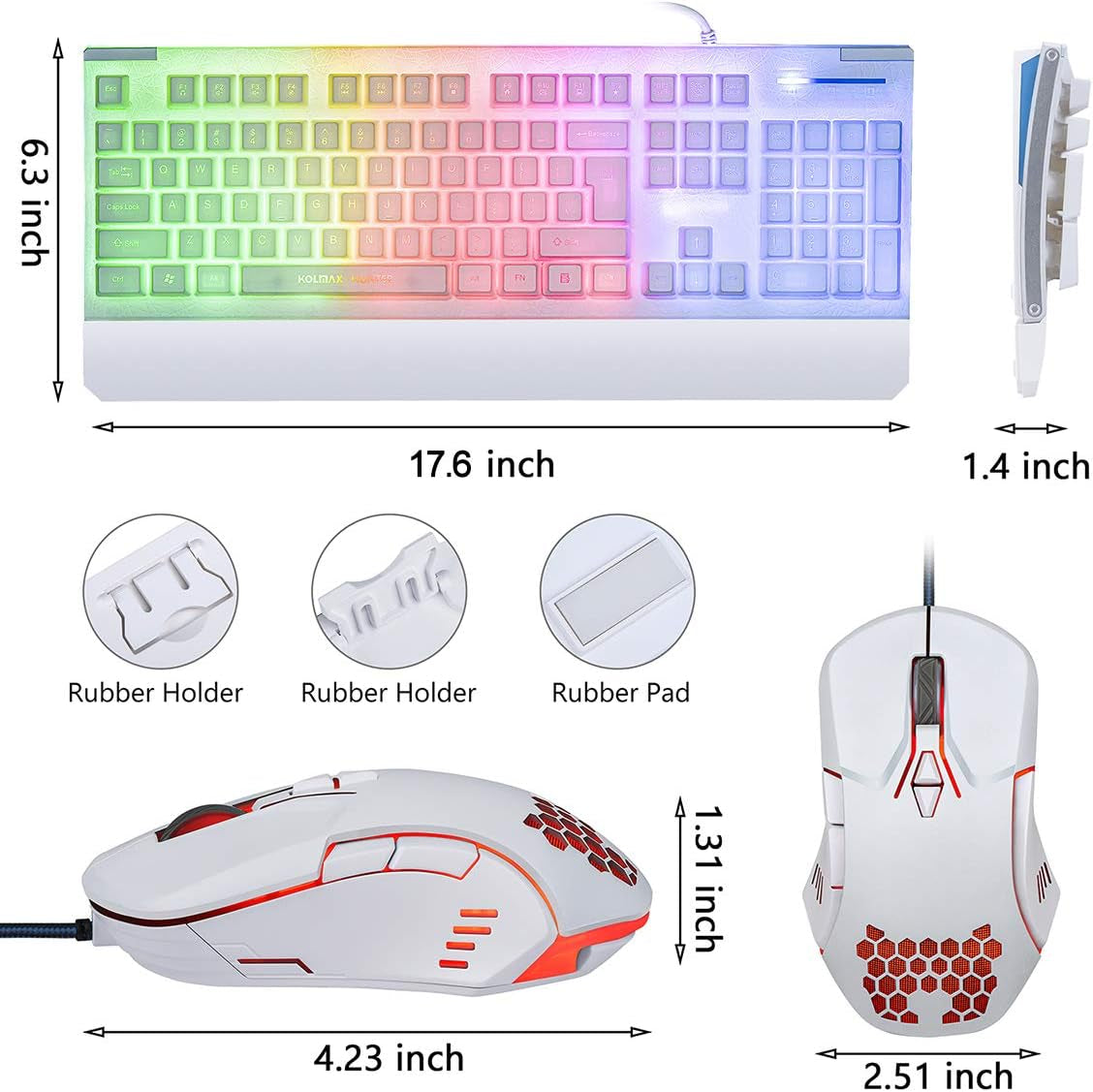 Gaming Keyboard and Mouse Combo in White - Features Colorful Lights with Rainbow LED Backlit Keyboard, Ergonomic Detachable Wrist Rest, and a Programmable 3200 DPI 7-Button Gaming Mouse, Suitable for Windows PC, Mac, Office, and Gaming Use.
