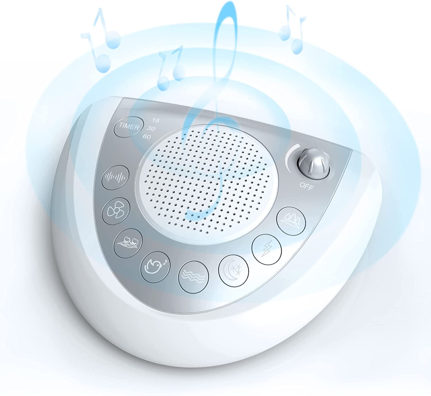 White Noise Sound Machine for Adults: Features 24 Nature Sounds, Adjustable Sound Levels, 3 Sleep Timers, and can be Powered via Plug-In or Batteries. It also includes an Earphone Jack, Memory Function, and Phone Charger.