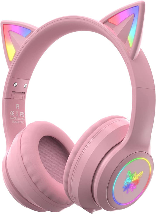 Cat Ear LED Light up Bluetooth Kids Headphones: Wireless Foldable Over-Ear School Headphones with Microphone, 85dB Volume Limiting, HI-FI Sound, for iPhone/iPad/Laptop/PC, Toddlers Study Headphones