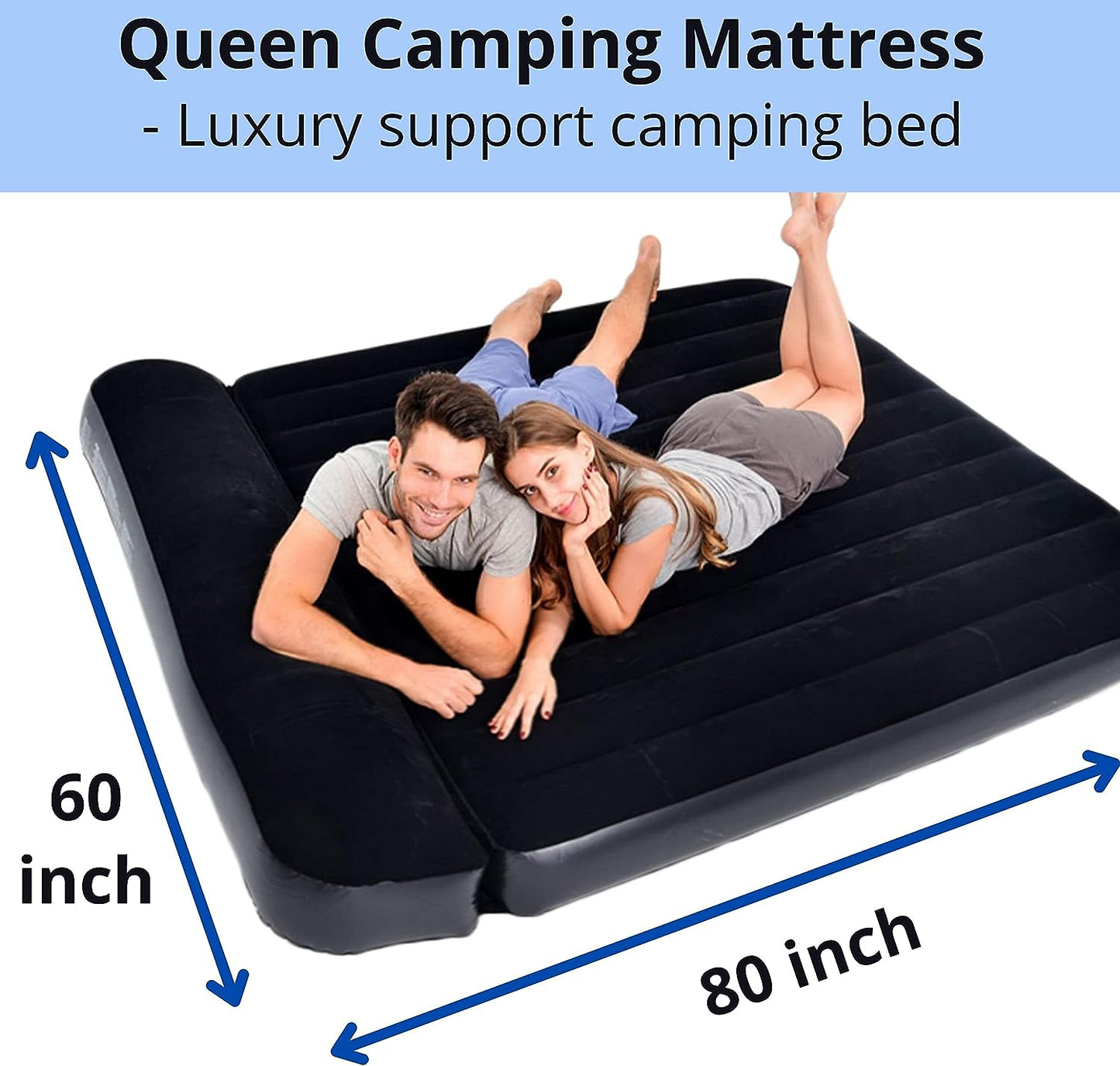 Queen Size Blow-Up Mattress with Deluxe Pillow - 13" Deep, Perfect for Camping and Outdoor Adventures.