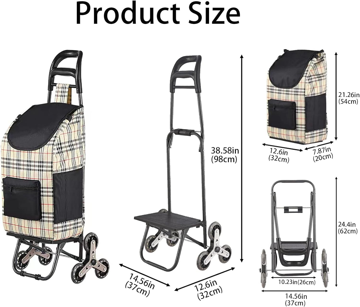  Folding Shopping Cart with Tri-Wheels, Stair Climbing Capability, and Stainless Steel Frame - Grocery Utility Cart with Detachable Waterproof Canvas Bag and Wheel Bearings