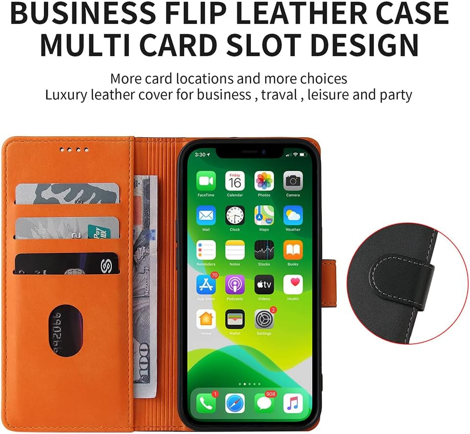 iPhone 11 Wallet Case made of genuine leather with a flip design. It has anti-theft RFID blocking, a kickstand, strong magnetic clasp closure, cash, and credit card slots. Available in Classic Black.