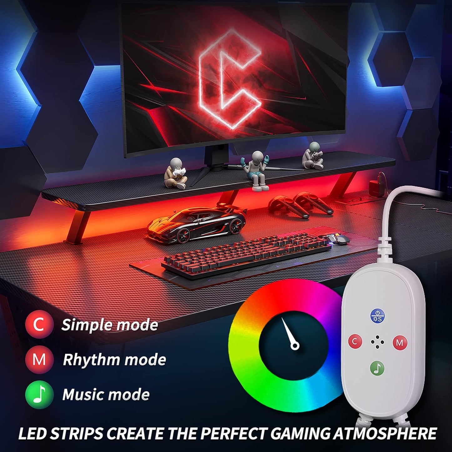 L-Shaped Gaming Desk - 47 inch - LED Lights & Power Outlets Included - Carbon Fiber Surface - Storage Shelves - Monitor Shelf - Ideal for Gaming Setup and PC Use - Color: Black.