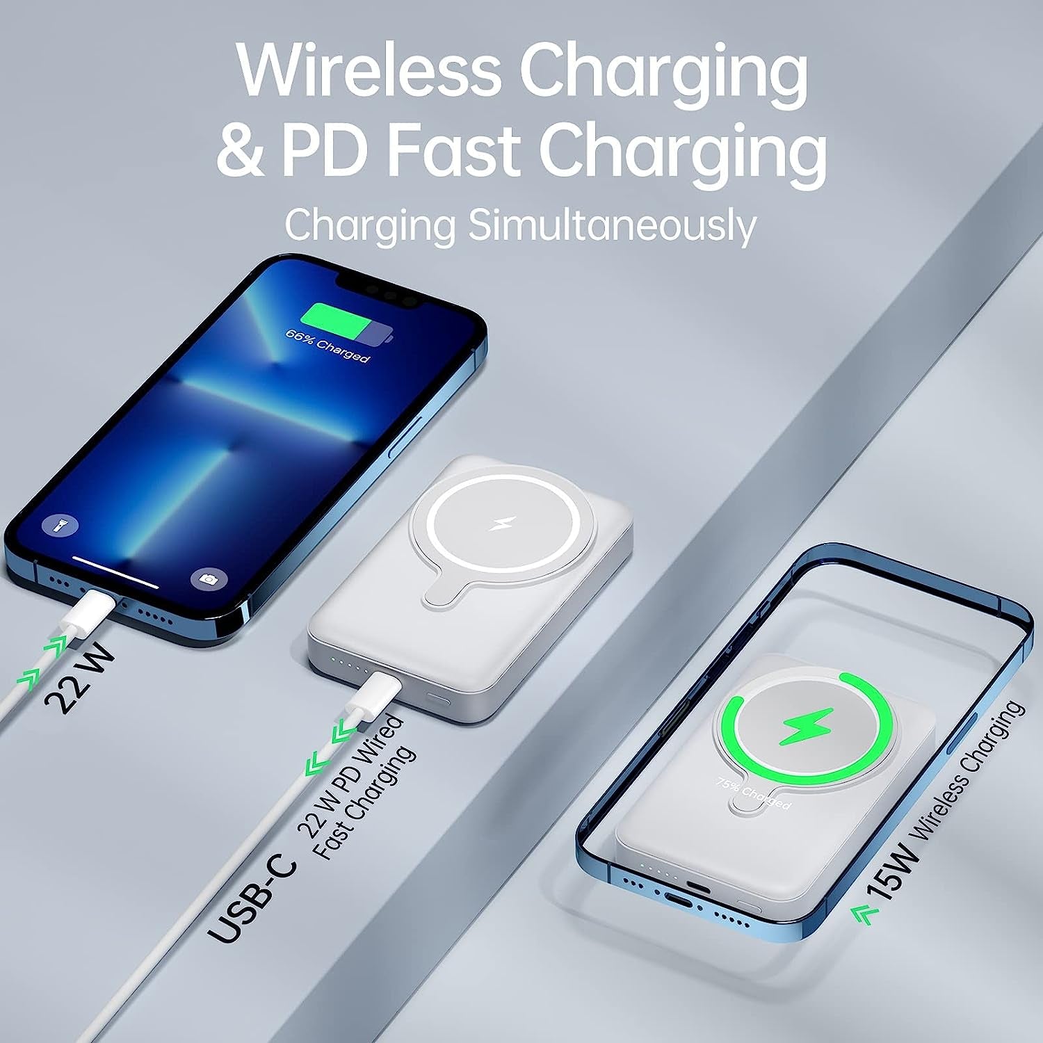 Magnetic Portable Charger: 10000mAh Mag-Safe Power Bank with 15W Fast Charging. PD 22W USB-C Foldable Stand Extended Charger Battery Pack for iPhone 14/13/12 Mini, Pro, Plus, and Max in White.