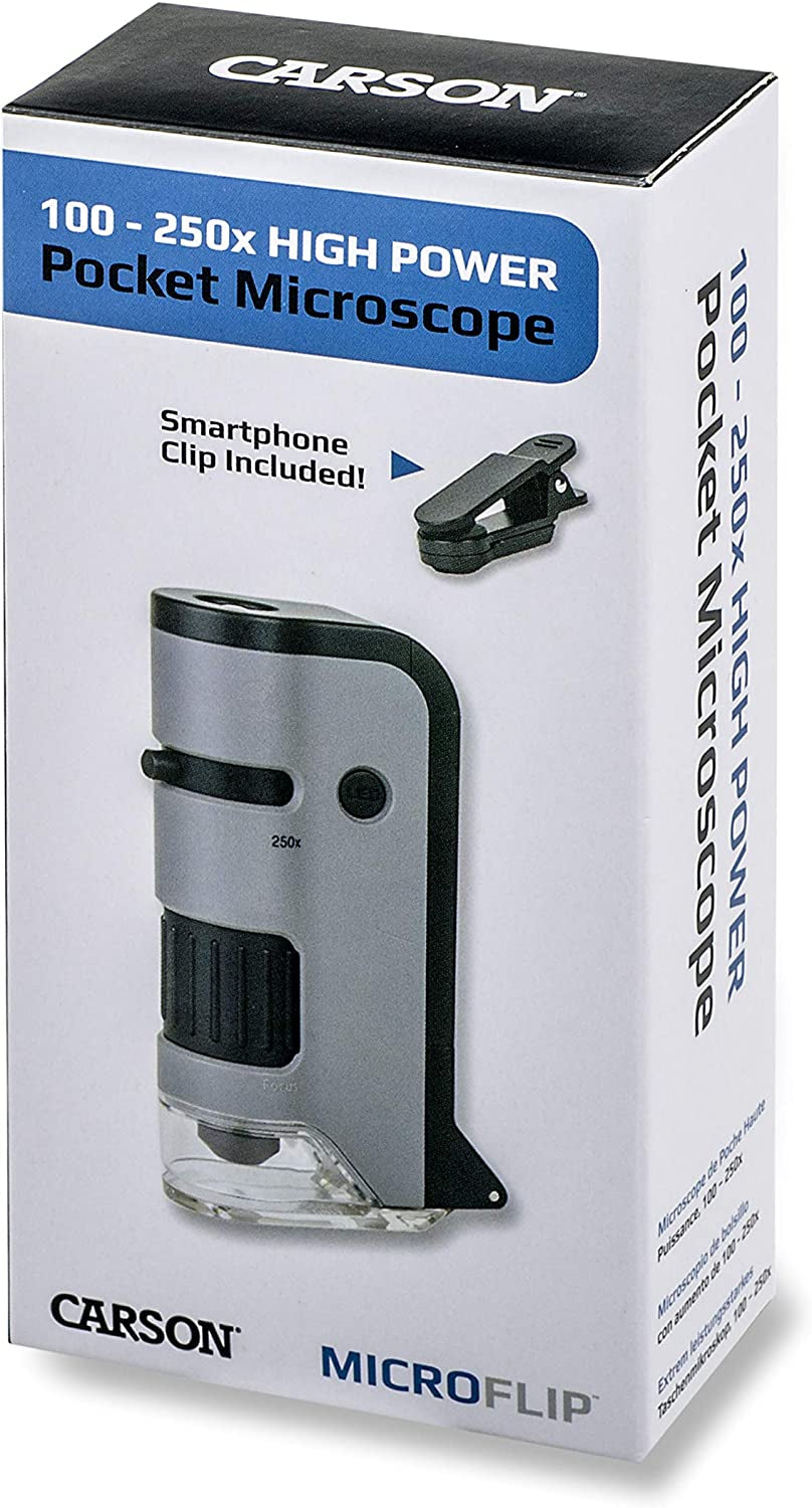 Pocket Microscope Microflip with LED and UV Light, 100X-250X Magnification, Flip Down Slide Base, and Smartphone Digiscoping Clip