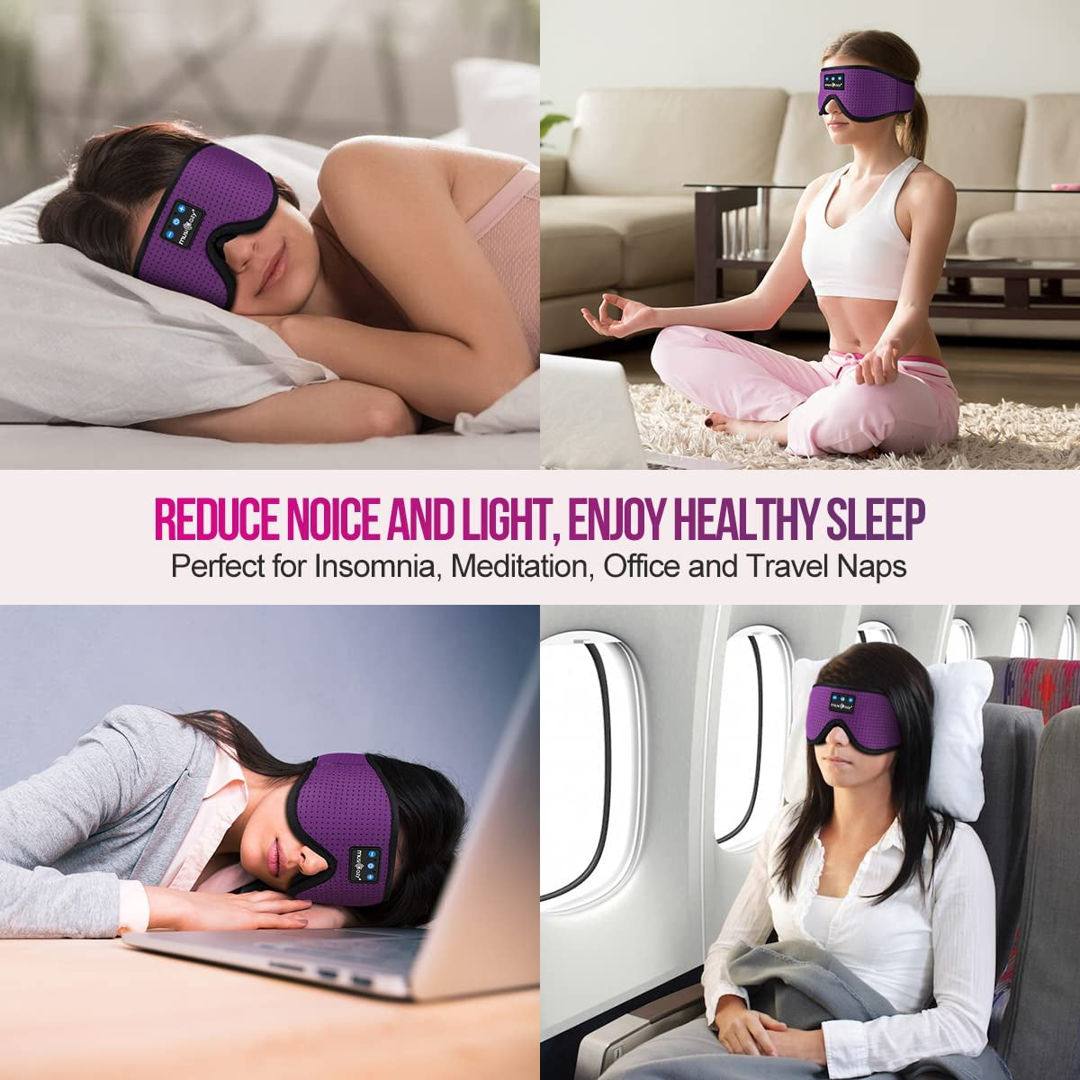 Wireless Sleep Headphones Bluetooth Headband with Breathable 3D Design - Music Eye Mask and Earbuds for Side Sleepers, Women, Office, Air Travel - Cool Tech Gadgets, Unique Gifts (Purple)