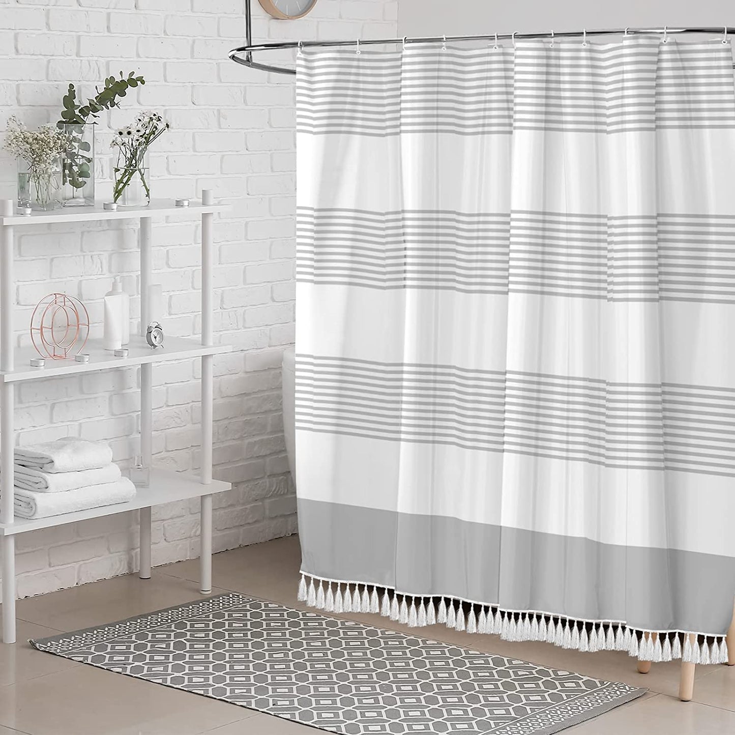 Gray and White Shower Curtain with Tassels - Modern Farmhouse Waterproof Decorative Polyester Cloth Bathroom Shower Curtain - 72"x72" Inches - Gray