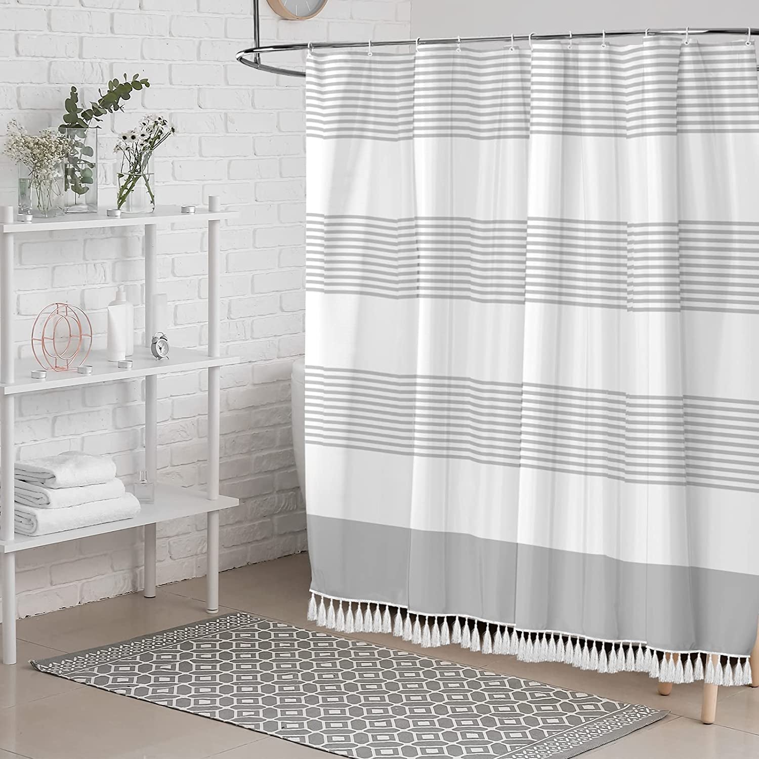 Gray and White Shower Curtain with Tassels - Modern Farmhouse Waterproof Decorative Polyester Cloth Bathroom Shower Curtain - 72"x72" Inches - Gray