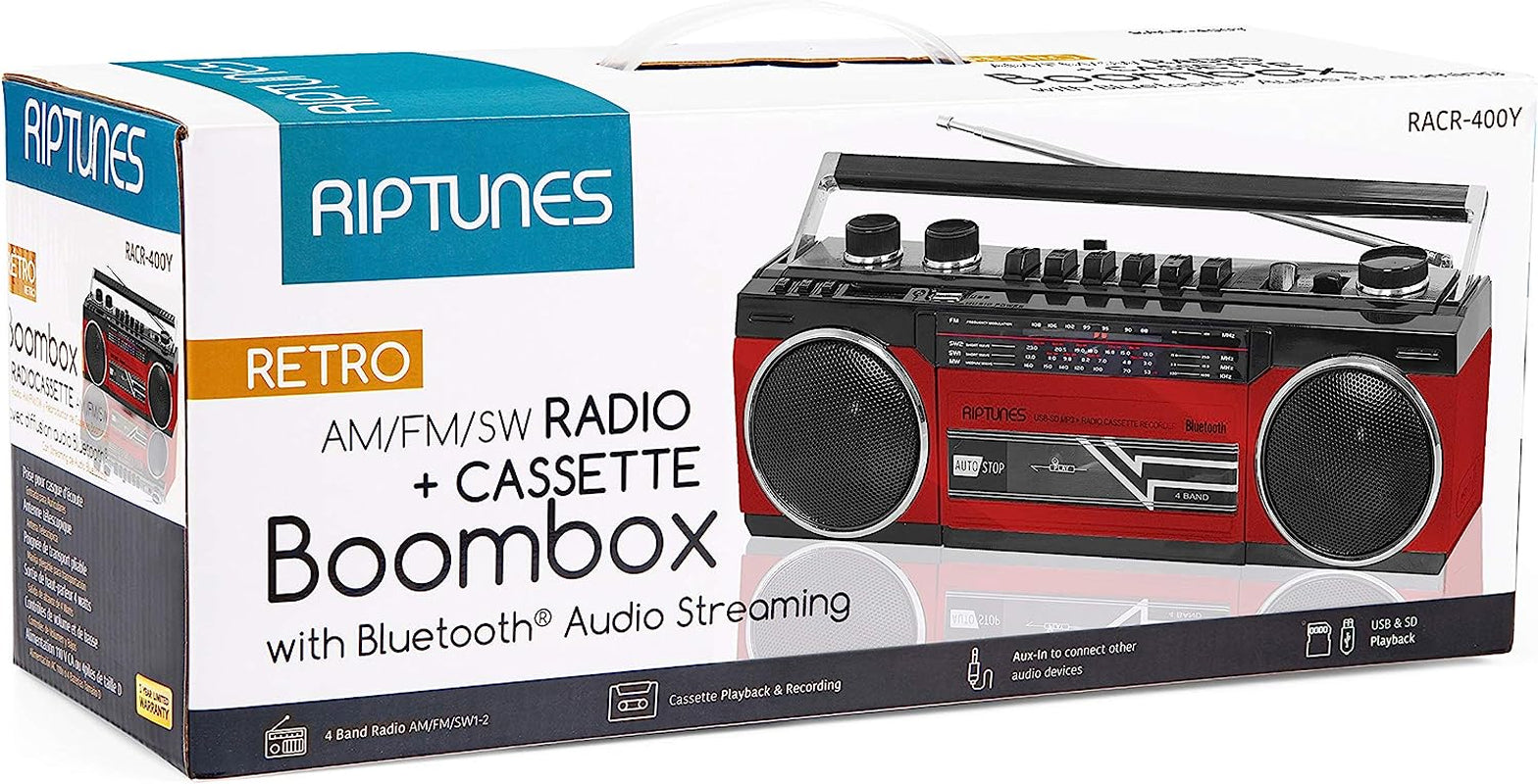  Cassette Boombox with Bluetooth, Cassette Player and Recorder, AM/FM/SW-1-SW2 Radio, USB, SD - Retro Blue, RED